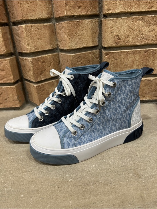 Michael Kors Shoes - Michael Kors Two-Tone Blue Denim High-Top Sneakers W/ MK Monogram Women’s size 7